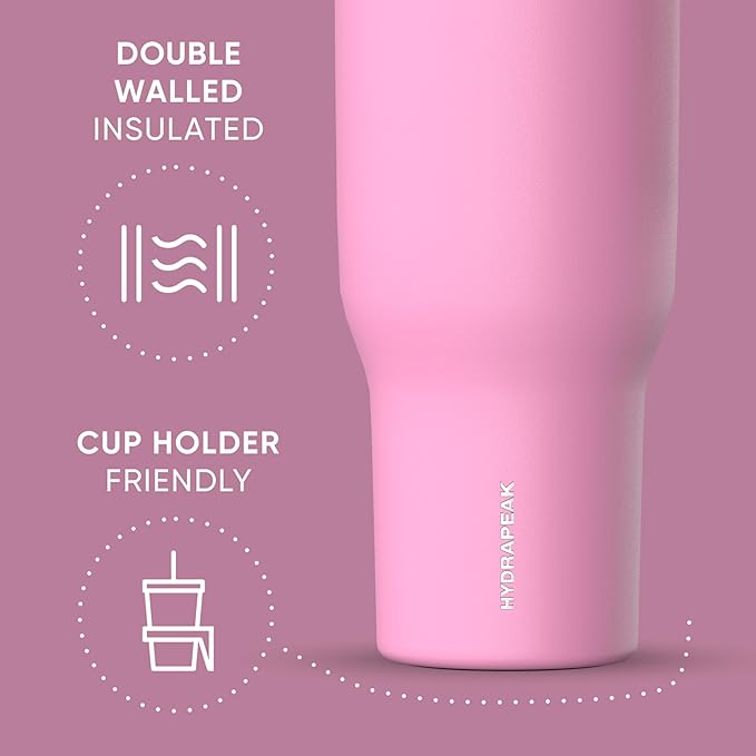 Hydrapeak Voyager 40 oz Tumbler with Handle and Straw Lid | Reusable Stainless Steel Water Bottle Travel Mug Cupholder Friendly | Insulated Cup (Bubblegum) - Bloomnest