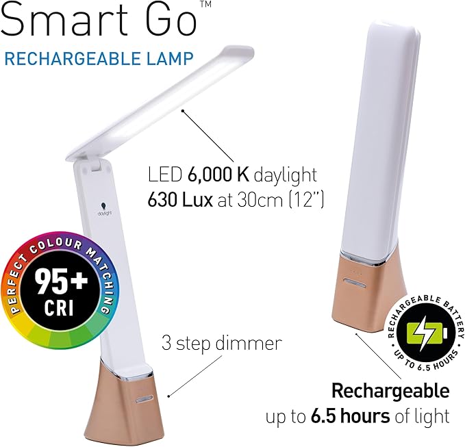 daylight Smart Go Portable Ideal for Reading, Light Therapy, Everyday Tasks, Crafts, Desk Work, DIY, Led, Chargeable lamp, 1 Count (Pack of 1), White - Bloomnest