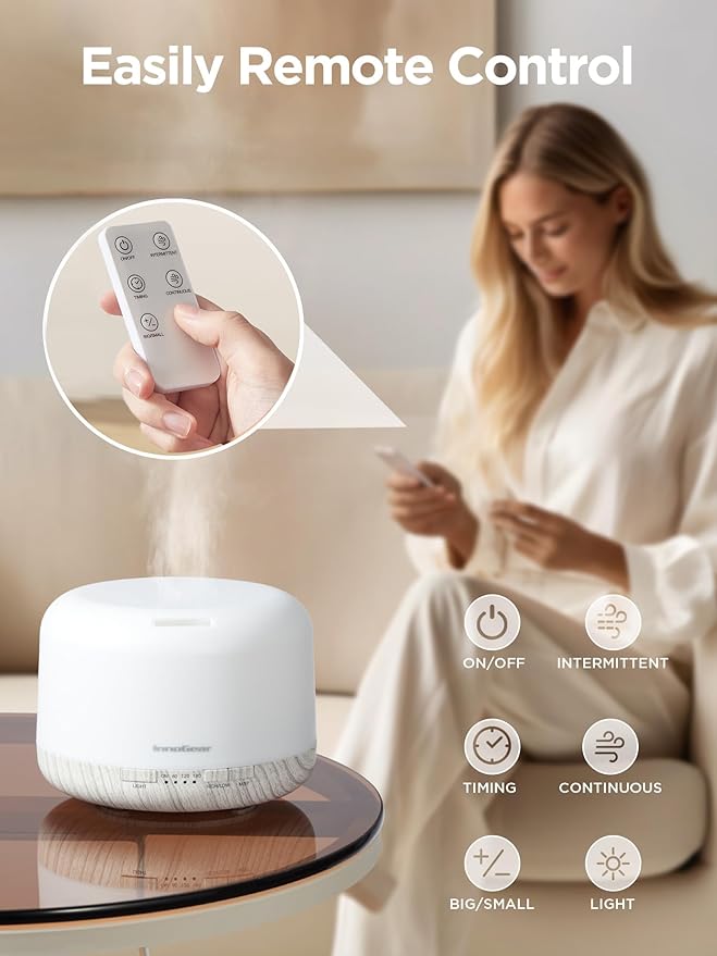 InnoGear 500ml Essential Oil Diffuser with Remote Control, Premium Ultrasonic Aromatherapy Diffusers Scent Humidifier Vaporizer Auto-Off Timer for Large Room Home, White - Bloomnest