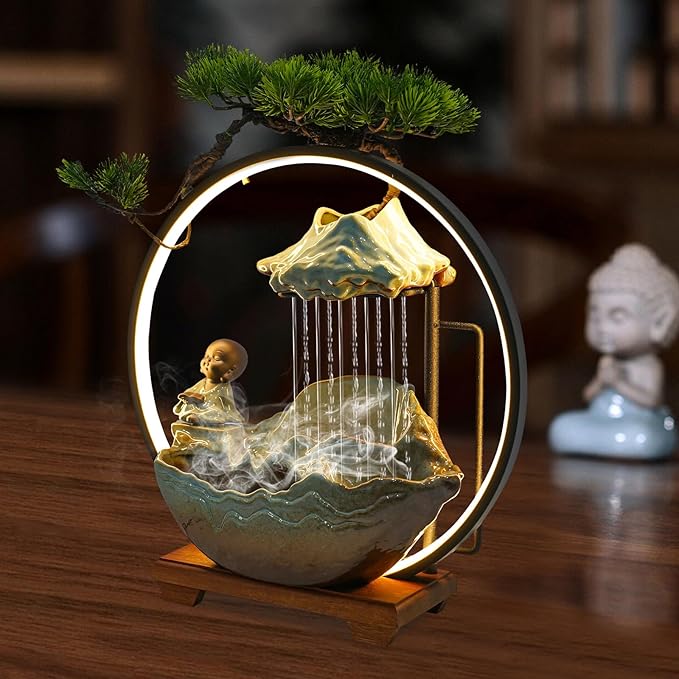 Water Fountains Indoor Tabletop Waterfall Humidifier W/LED Light & Atomizer Mist &Cute Monk Statue, Zen Decor Meditation Japanese Decor Fake Plants Feng Shui Decor Festival Birthday Gift - Bloomnest