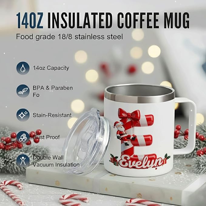 Personalized Christmas Mug | Custom Candy Cane Initial Insulated Cup with Handle & Lid | 12oz Holiday Tumbler, Cute Santa Gift for Kids, Boys & Girls (B36) - Bloomnest