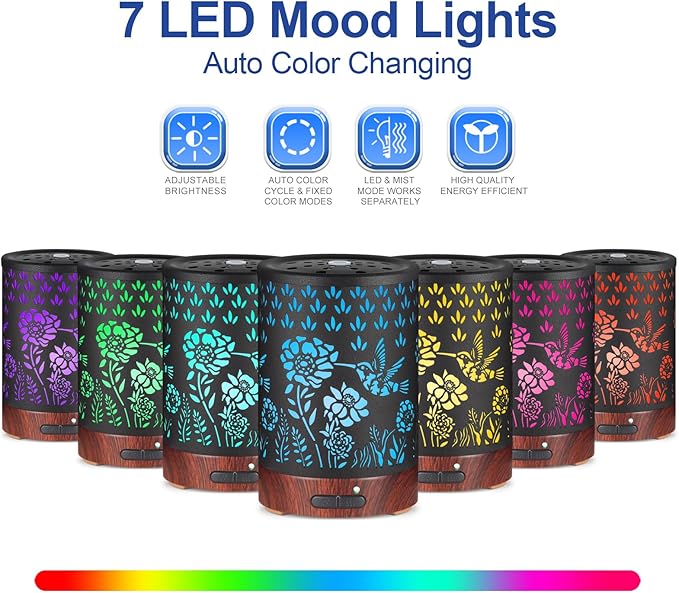 Essential Oil Diffuser- Aromatherapy Diffuser with7 Colors Light and Auto-Off for Women Metal Cool Mist Humidifier for Home and Office for Mom Women(Hummingbird) - Bloomnest
