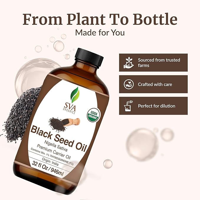 SVA Black Seed Oil Organic - 32 Fl Oz – 100% Natural Cold Pressed Organic Black Seed Oil - for Face, Skin Care, Hair Care, Scalp Massage & Body Massage – Carrier Oil - Bloomnest