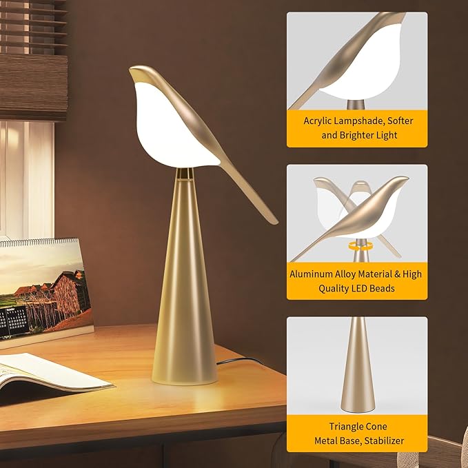 Small Desk Lamp, Bird Lamp, 10 Level Dimmable Brightness Bedside Night Light, Bedroom Table Lamp for Dorm, Office, Gifts, Reading, 3 Colors, Metal Finish, Gold, 360° Rotation - Bloomnest
