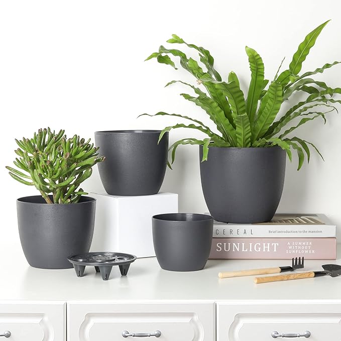 T4U 6 Inch Self Watering Planters Plastic Plant Pot, Modern Decorative Flower Pot/Window Box for All House Plants, Flowers, Herbs, African Violets, Succulents - Black, Set of 6 - Bloomnest