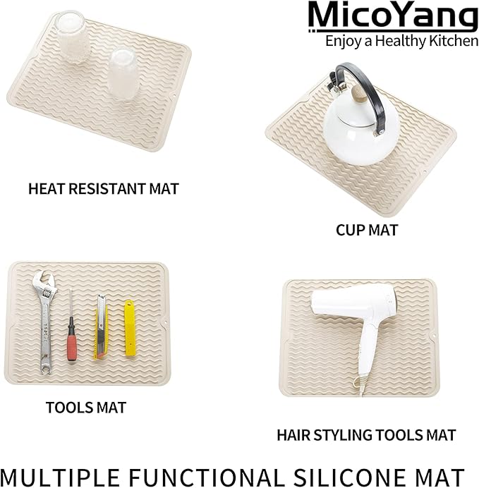 Silicone Dish Drying Mat for Multiple Usage,Easy clean,Eco-friendly,Heat-resistant Silicone Mat for Kitchen Counter or Sink,Refrigerator or drawer liner Tapioca L 16 inches x 12 inches - Bloomnest