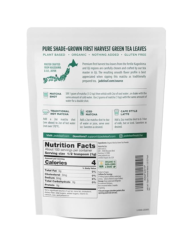 Jade Leaf Matcha Organic Premium Ceremonial Grade Matcha Green Tea Powder - Japanese - Culinary, Ingredient, Ceremonial Barista Teahouse, Latte, Collagen, 3.53 Ounce (Pack of 1), Ceremonial Teahouse Tin - Bloomnest