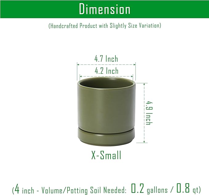 D'vine Dev Set of 2 Plants Pots, 4.7 Inch Ceramic Planter Pot for Plants with Drainage Hole and Saucer, Olive, 94-V-B-J - Bloomnest