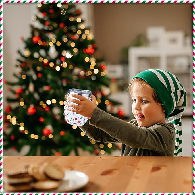 12oz Christmas Wine Tumbler with Lid and Straw,Stainless Steel Insulated Stemless Wine Tumbler Double Wall Vacuum Wine Cups Tumbler Christmas Gifts for Women Men(Xmas Elements,2) - Bloomnest