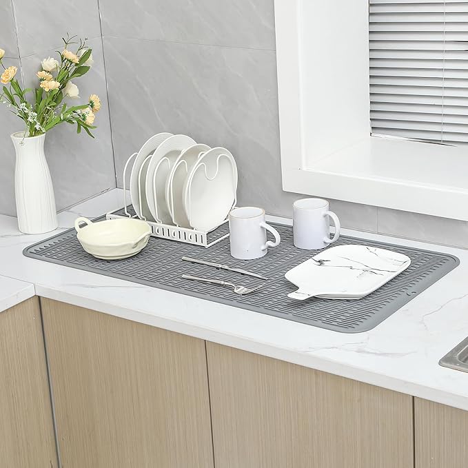 Silicone Dish Drying Mat for Multiple Usage,Easy clean,Eco-friendly,Heat-resistant Silicone Mat for Kitchen Counter or Sink,Refrigerator or Drawer Liner Grey 5XL 36inches x 18inches - Bloomnest