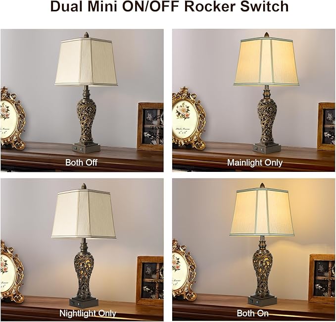 28.5" high Vintage Brown Table Lamps Set of 2 - Bedside Lamp with Faux Silk Shades - for Bedroom and Living Room with USB and Nightlight - Perfect for Nightstands and Bedrooms (Bulb Included) - Bloomnest