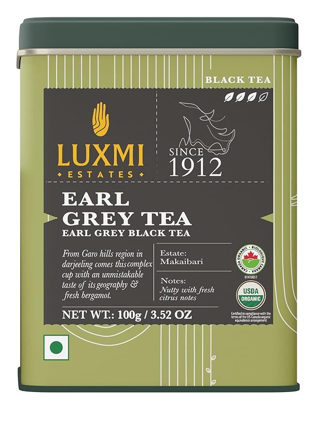 Luxmi Estates Garo Hills Earl Grey Tea 100gm Tin | Certified Organic Black Tea - Bloomnest