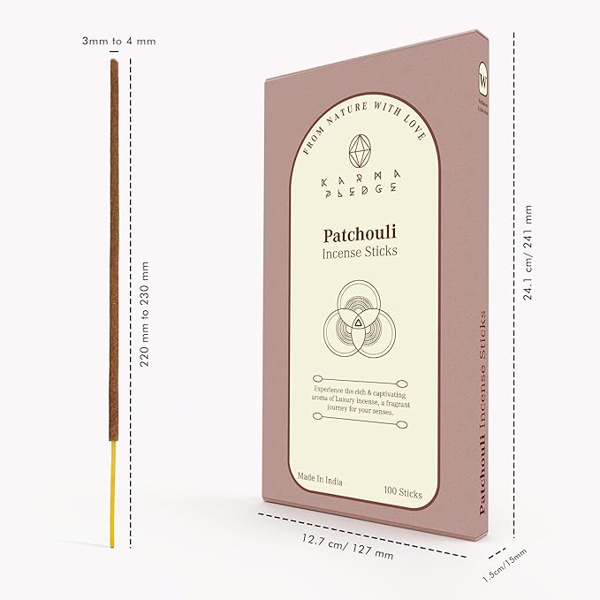 Patchouli Incense Sticks, Organic Hand Dipped 100 Sticks with Natural Herbs & Aromatic Ingredients, Burn Time 45 to 60 Minutes, Incense for Positivity, Yoga, Meditation, Relaxation, Spiritual Gift KARMAPLEDGE