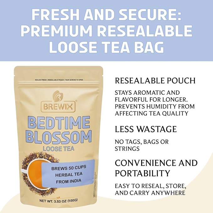 BREWIX, Bedtime Blossom Calming Tea For Sleep (50+ Cups) Herbal All Natural | Supports a Good Night’s Sleep | Night Time, Caffeine Free with Rooibos, Safflower, Chamomile and Lavender | Perfect for Bedtime | Relaxing Natural Nighty Night Sleeping Tea - Bloomnest