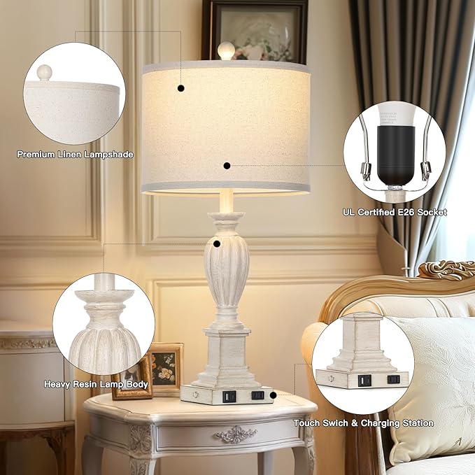 27" Farmhouse Table Lamps Set of 2 with USB C+A Ports & AC Outlet for Vintage Living Room Retro Bedroom,3-Way Dimmable Touch Lamp Resin Bedside Lamps for Nightstand Side End Table,Cream - Bloomnest