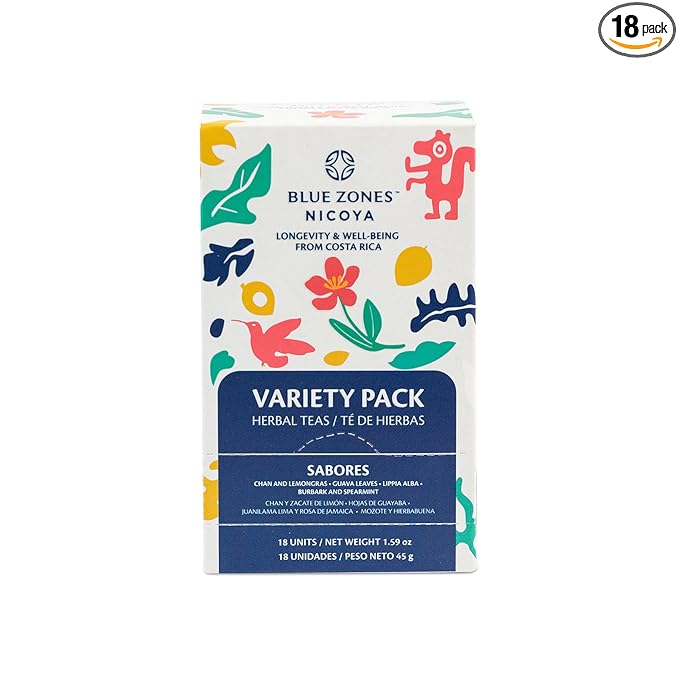 Blue Zones Nicoya - Variety Pack of 5 Lippia Alba & Hibiscus, 5 Chan & Lemongrass, 4 Burbark & Spearmint, 4 Guava Leaves Tea Bags - 100% Natural, Organic, and Refreshing - High Micronutrients - Gluten, Caffeine, Sugar-Free - Pack of 18 (1.59 oz/ 45 g) - Bloomnest