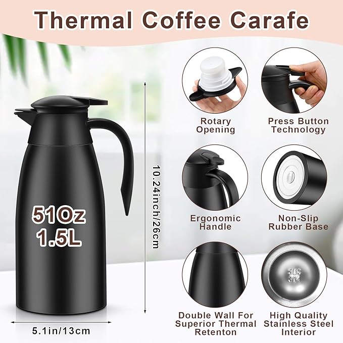 Norme 2 Pcs Thermal Coffee Carafe Insulated Stainless Steel Coffee Carafe for Hot Liquid Vacuum Thermal Pot Creamer Pitcher Dispenser with Brushes Keeping Hot Water Milk(Black,51 oz) - Bloomnest
