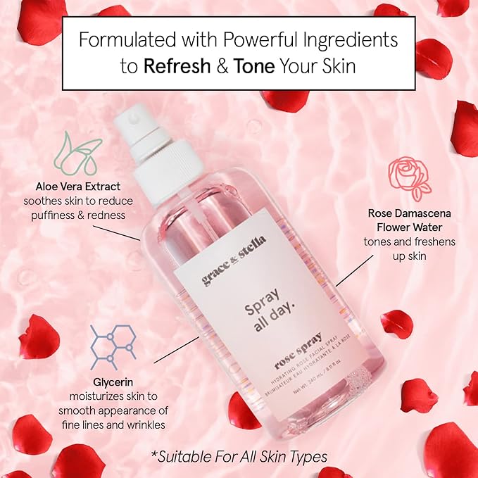grace & stella Award Winning Rose Water Spray for Face with Glycerin & Aloe Vera - Travel Size (30ml) - Rosewater Face Mist for All Skin Types - Hydrating, Calming, Rejuvenating Facial Toner - Vegan - Bloomnest