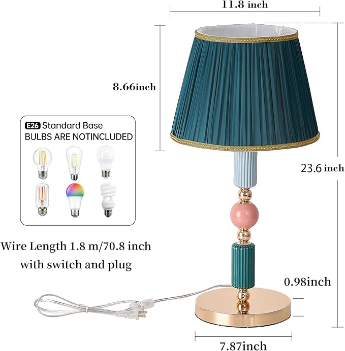 Green Fabric Shade Table Lamp Modern Metal Desk Lamp with Plug Cord Switch for Bedroom Bedside - Bloomnest
