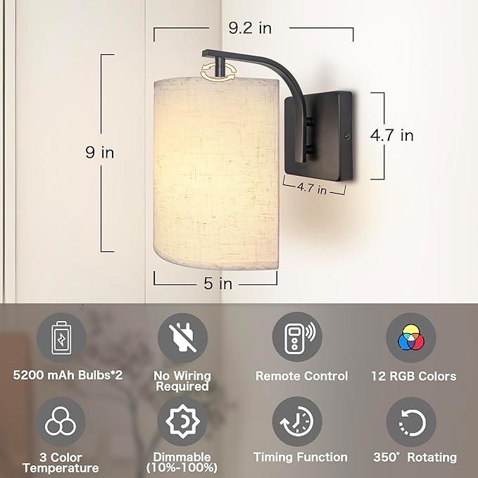 Wireless Wall Sconces Set of 2, Rechargeable Battery Operated Wall Lights with Remote, Dimmable Magnetic LED Bulbs,12 RGB Colors and Timer, Cordless Sconces for Bedroom Living Room (Black) - Bloomnest