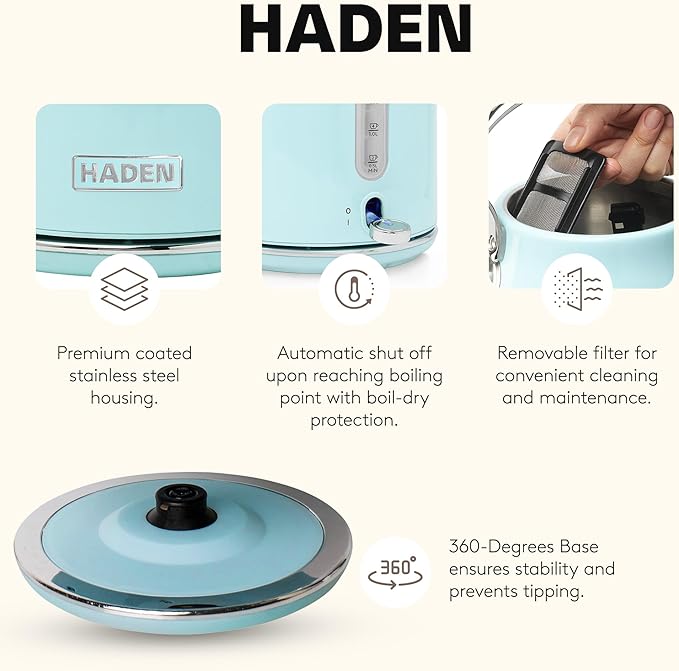 Haden Heritage 1.7 Liter Stainless Steel Electric Kettle, Hot Water Kettle with 360-Degree Base and Auto Shutoff, Turquoise & Chrome - Bloomnest