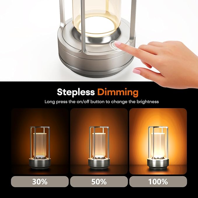 Portable Metal Table Lamp for Indoor/Outdoor ,Rechargeable Cordless LED Lamp, 3-Colour Infinitely Dimming Battery Powered Small Desk Lamp, Restaurant/Bedroom/Bar/Coffee/Camping Light (Sliver Set of 2) - Bloomnest