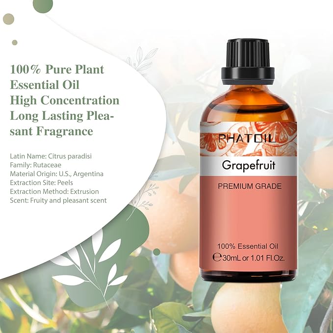 Grapefruit Essential Oil, 1.01Fl.Oz (30ML) PHATOIL Pure Essential Oil Singles for Aromatherapy Diffusers, Humidifiers, Great for DIY Candle and Soap Making, Gift for Friend PHATOIL