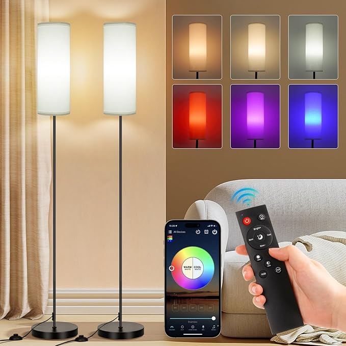 FRIDEKO HOME 2 Pack Floor Lamps for Living Room, Dimmable Colors Temperature & Brightness, Modern Floor Lamp with Remote, Tall Standing Lamps for Living Room Bedroom Office, White Shade 9W Smart Bulb - Bloomnest