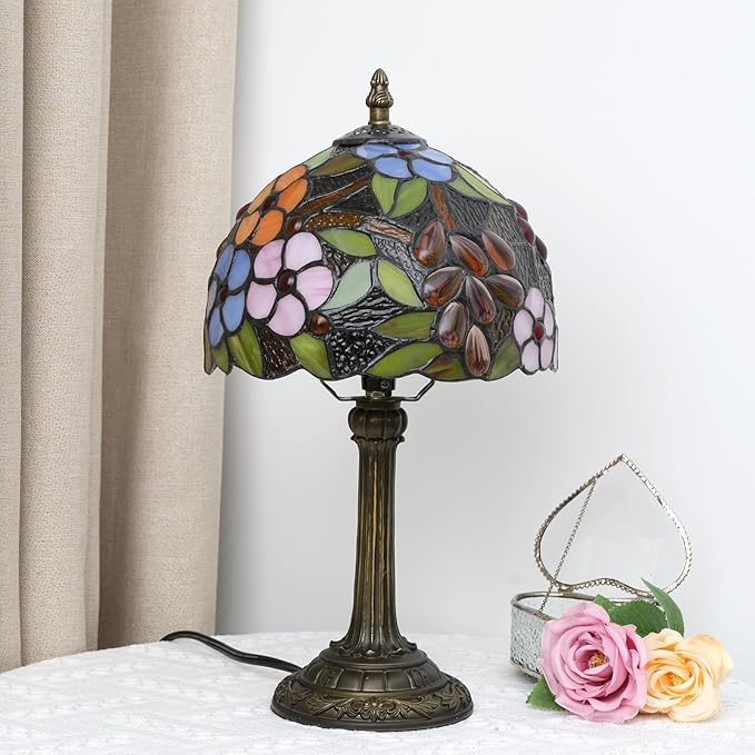 Tiffany Lamp Bedside Table Lamp-Nightstand,Stained Glass Lamp for Bedroom Dorm Living Kitchen, Aesthetic Cute Home Decor Gift (8-inch Grape Flower) - Bloomnest