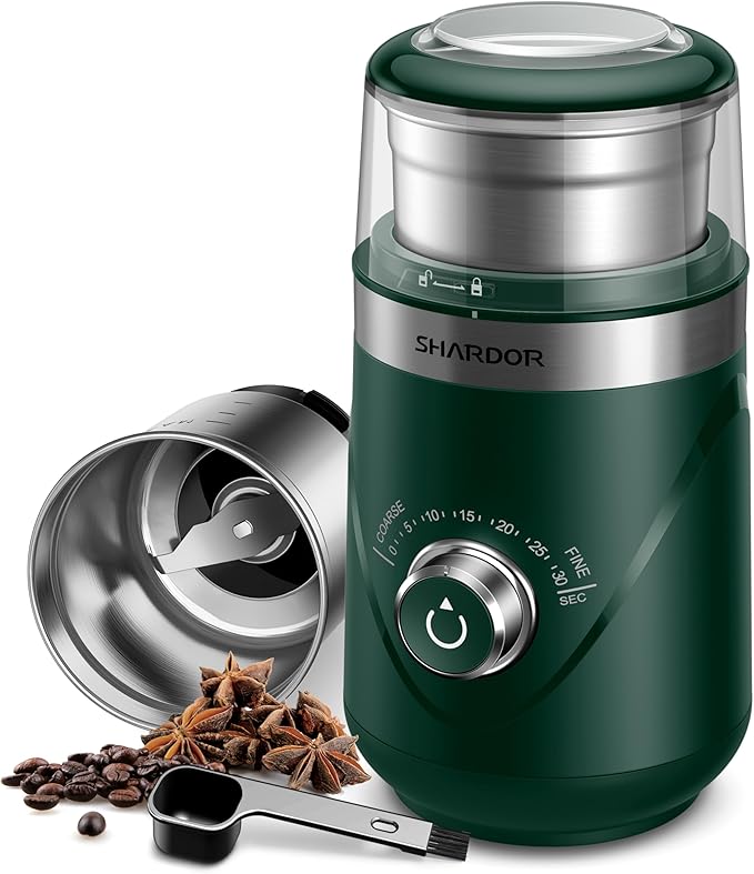 SHARDOR Electric Super Silent Blade Coffee Grinder, Timed Grind Control Rotary Knob, Adjustable Coarse to Fine for Coffee Beans, Spices & Herbs, with 1 Removable Stainless Steel Bowl, Green - Bloomnest