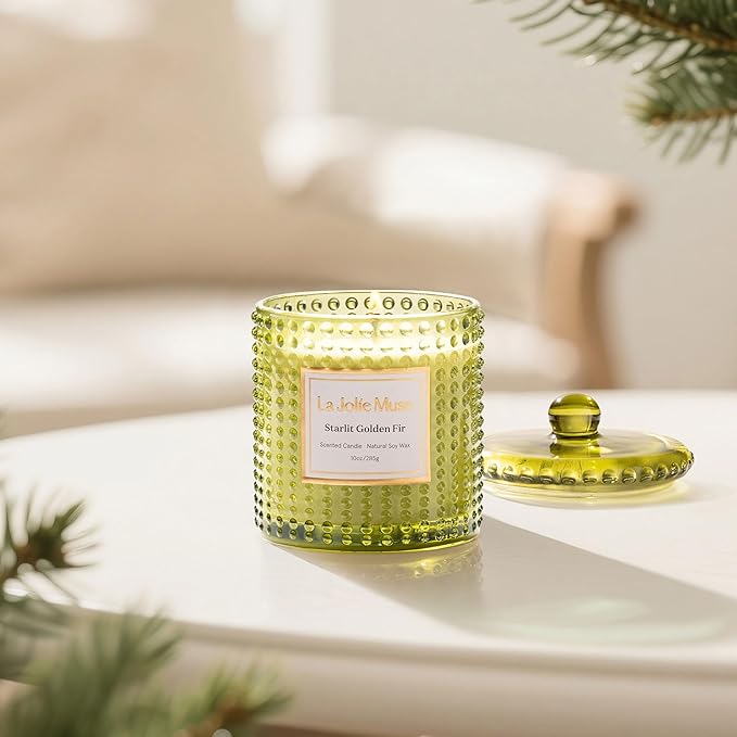 LA JOLIE MUSE Christmas Candle, Starlit Golden Fir Candle - Cedarwood, Patchouli, Fir Balsam | 10 oz Natural Soy Wax | 55 Hours Clean Burn |Winter Holiday Gift | Gift-Ready for Hosts & Gatherings - Bloomnest