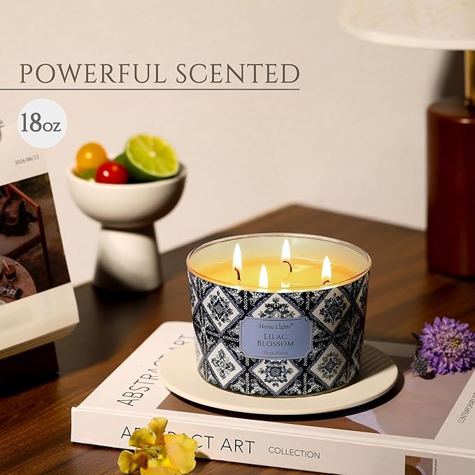 HomeLights 4-Wick Candles for Home Scented - 18oz Soy Wax Blend Candle Long-Lasting Fragrance, Bohemian Natural Textures Home Decor and Housewarming Gifts, Lilac Blossom - Bloomnest