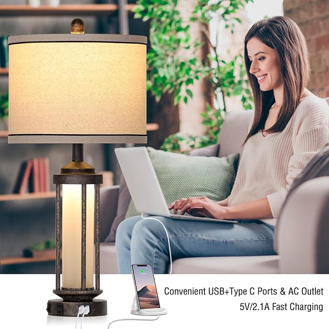 27" Farmhouse Industrial Table Lamps, Vintage Rustic Retro Beside Lamps with USB A+C Charging Ports & AC Outlet, Modern Nightstand Lamps with Glass LED Night Light for Living Room Bedrooms End Table - Bloomnest