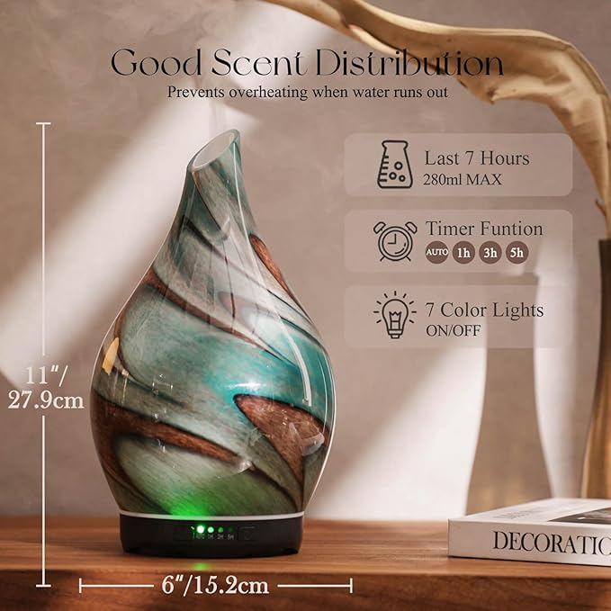 Porseme 280ml Essential Oil Diffuser Glass Color Changing Aroma Air Diffusers Aromatherapy Ultrasonic Cool Mist Humidifier 7 Running Hours Waterless Auto-Off for Sleeping, Yoga, Spa (Teal Green) - Bloomnest