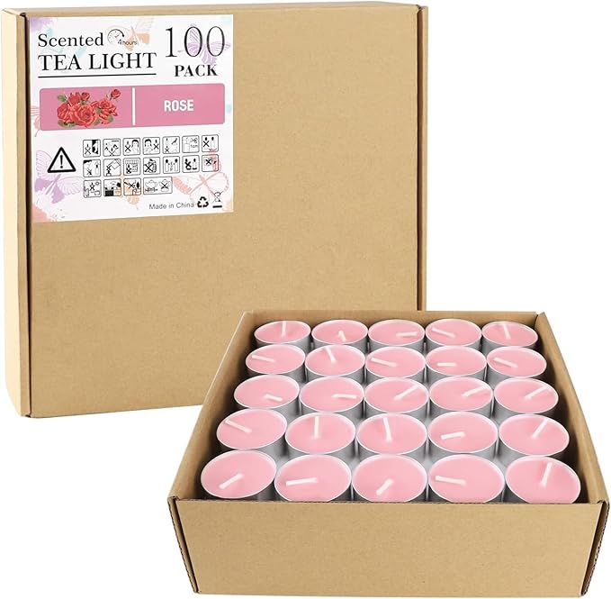 Pink Rose Scented Tealight Candles - 4 Hours - Giant 100 Bulk Packs - Smokeless Tea Lights for Valentine's Day, Weddings, Christmas, Home Decorative - Bloomnest