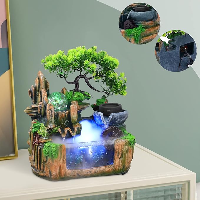 Indoor Fountains Rockery Tabletop Fountain with an Atomizer Elaxation Water Feature Meditation Desktop Fountains for Home Office Decor or Gift 9.84''L x 5.91''W x 10.63''H with LED Light