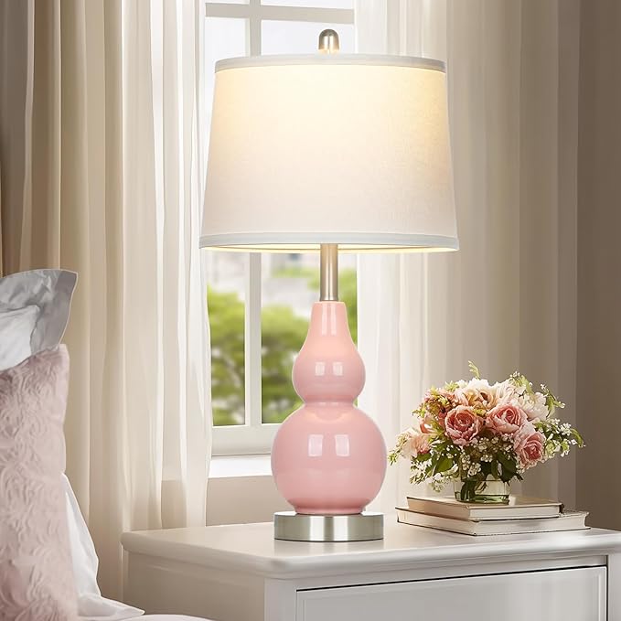 Pink Ceramic Lamps Set of 2, 25" Modern Double Gourd Ceramic Table Lamps for Living Room, Cute Bedside Nightstand Lamps with Fabric Shade for Bedroom End Table Home Office Girls Room(2 Bulbs Included) - Bloomnest
