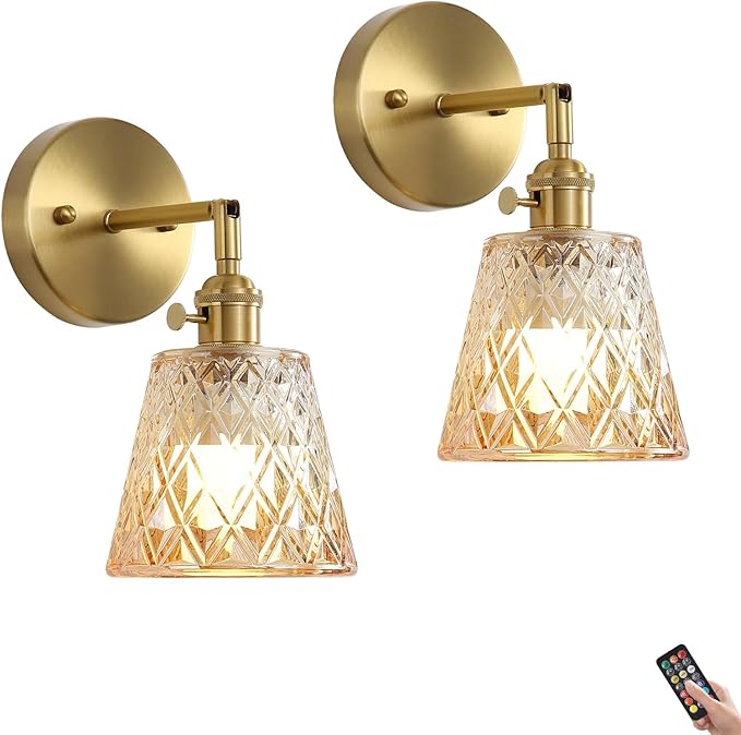 2 Pack Vintage Battery Operated Wall Sconces, Flower Amber Lampshade & 180 Degree Adjustable, Wireless Rechargeable RGB Wall Light with Remote Control, for Bedroom Living Room Hallway Aisle - Bloomnest
