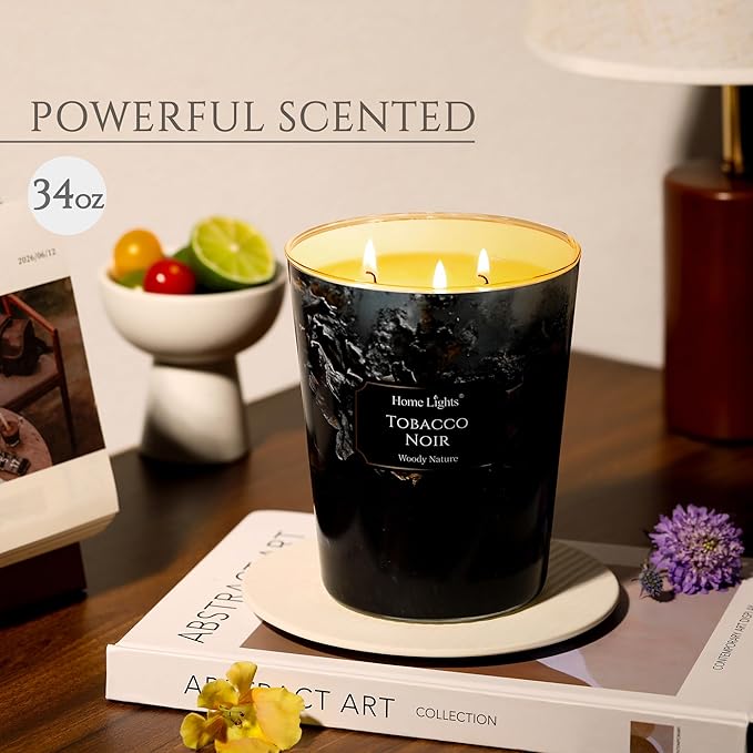 HomeLights Scented Candles for Women & Men, 34oz Candle Jars Aromatherapy 3-Wick Candle, Ideal for Industrial Chic Home Decor and Gifts, Tobacco Noir - Bloomnest