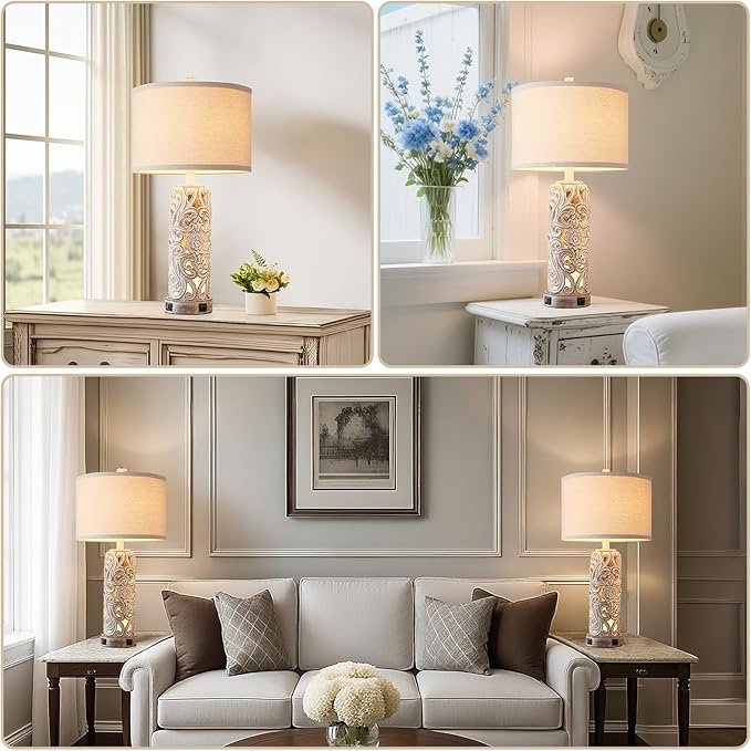 RORIANO Rustic Farmhouse Table Lamps for Living Room Bedroom, Vintage Bedside Lamp with Dual USB Port, Antique White Resin Retro Nightstand Lamps with Night Light, Bulbs Include - Bloomnest