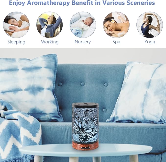 EQUSUPRO Essential Oil Diffuser 150ml Black Metal Aromatherapy Oil Diffuser Ultrasonic Cool Mist Diffuser with Auto Shut-Off Protection,7 Colors Changed LED for Home Office SPA Yoga (Butterfly) - Bloomnest