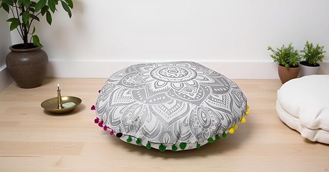 CRAFT KALA Large Round Bohemian Floor Pillow Pouf Cover Mandala Meditation Room Pillow Cover for Adults Boho Seating Poufs Cushion Cover for Kids Playroom 32" Round Silver Flower - Bloomnest