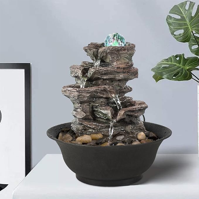 Ferrisland Tabletop Rock - Stacked Waterfall Fountain with LED - Lit Crystal Ball, Ideal for Office & Home Decor(Brown Gray) - Bloomnest