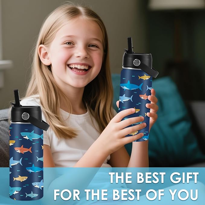 Shark Gifts for Kids 16 oz Kids Water Bottle with Straw Lid, Stainless Steel Insulated Tumbler, Leak Proof, BPA - Free, Cool Shark Pattern Mug for Travel, Daily use(1pc) - Bloomnest
