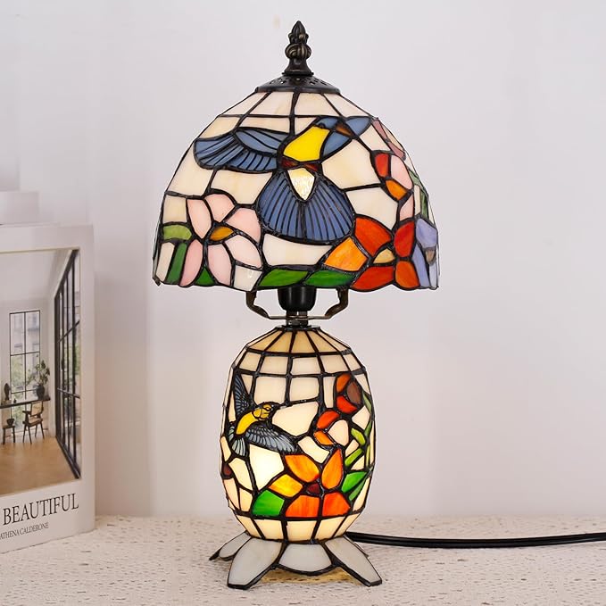 Small Tiffany Lamp Stained Glass Table Lamp Mini Mother Daughter Vase Desk Accent Light for Bedroom Bedside Reading Home Antique Style Decor 8X14 Inches (Hummingbird) - Bloomnest