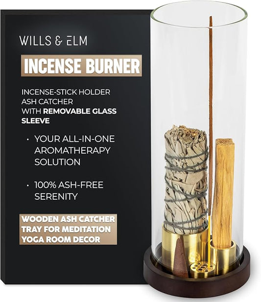 4 in 1 Wood Incense Burner with Glass Ash Catcher, Incense Holder for Sticks, Palo Santo, Sage and Cones - Wood Ash Catcher Tray for Meditation Yoga Room Home Decor - Bloomnest