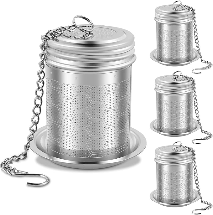 4PCS Tea Infuser Strainers with Drip Tray 304 Stainless Steel Tea Filter Strainer with Chain Hook Fine Mesh Tea Infuser Steeper Reusable Tea Strainers Easy to Use for Loose Tea Mulling Spices