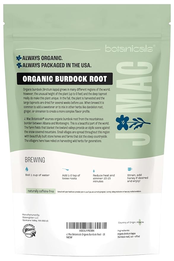 J Mac Botanicals, Organic Burdock Root Tea (16 oz), Certified USDA Organic Burdock Root herb, fresh dried herb from Eastern Europe - Bloomnest