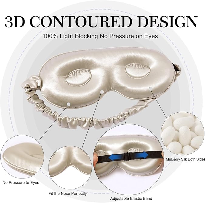 ZIMASILK Adjustable 22 Momme 100% Pure Mulberry Silk Sleep Mask, 3D Contoured Cup Eye Mask for Sleeping, Super Soft Breathable Blindfold, Perfect Blocks Light for Sleeping. (Beige) - Bloomnest