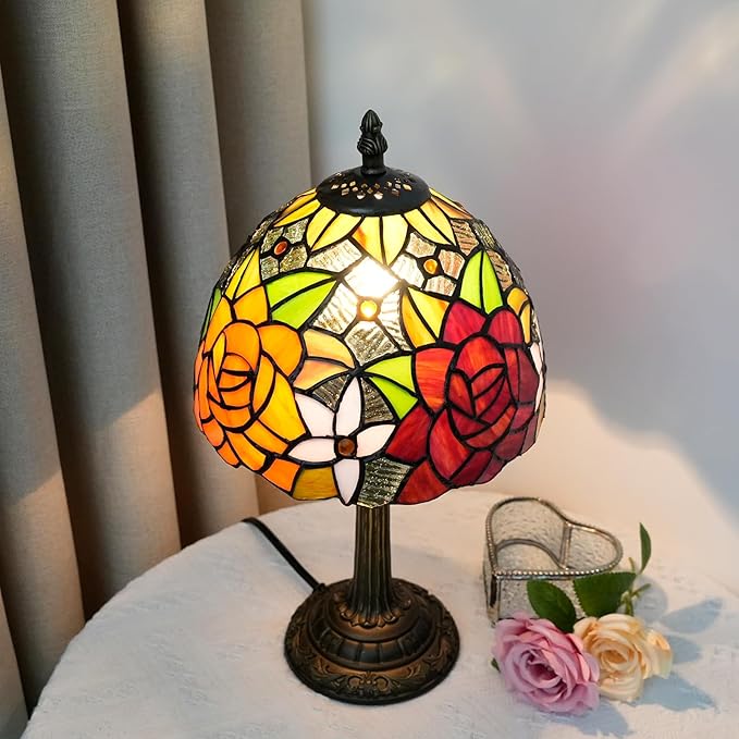 8 Inch Tiffany Stained Glass Lamp, Red And Orange Rose Flower Design, Victorian Vintage Style Bedside Lamp, Suitable For Bedroom Dining Room Office Hotel And Other Home Decoration (Gorgeous Rose) - Bloomnest